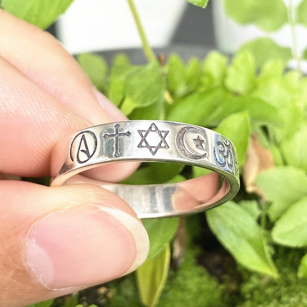 solid 925 silver Religious symbols band ring,Atheism, Christianity, Judaism, Muslim, Buddhism, Shinto, Hinduism,Taoism