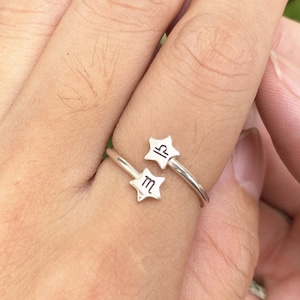 anillo zodiacal personalizado, anillo de letras personlizadas, anillo de estrella de plata 925, anillo abierto, anillo ajustable