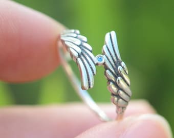 925 Silver Angel Wing Ring: Custom Birthstone, Handmade