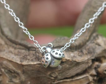Puede incluir: Un collar de plata con un dije de mariquita. El collar está sobre una superficie de madera.