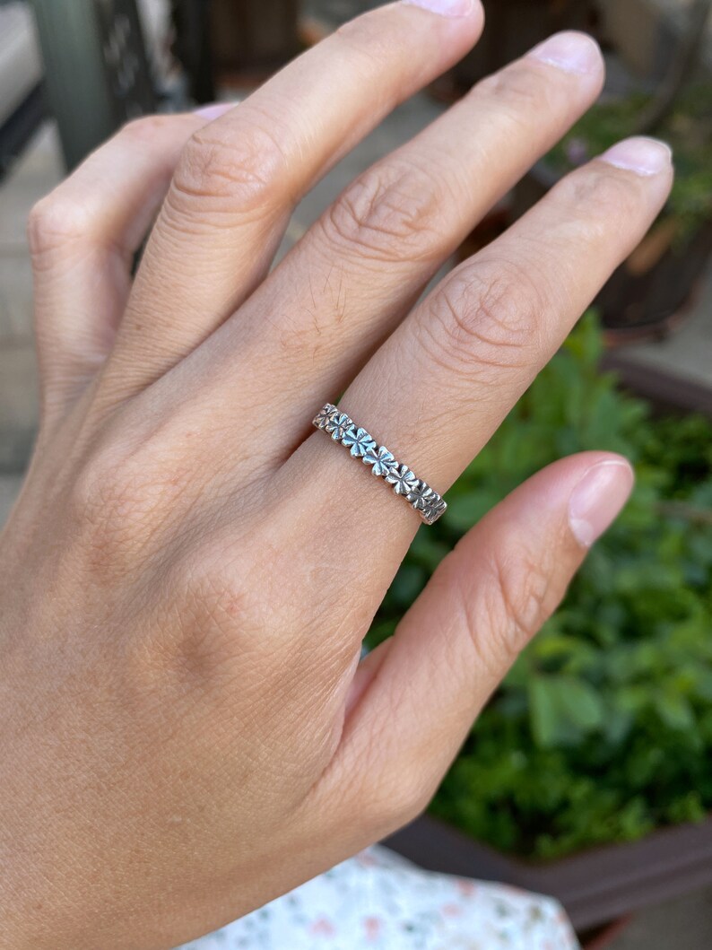 silver shamrock band ring,four leaf clover ring,silver leaves ring,unique band ring,custom leaf ring,personlized Clover Stacking jewelry image 2