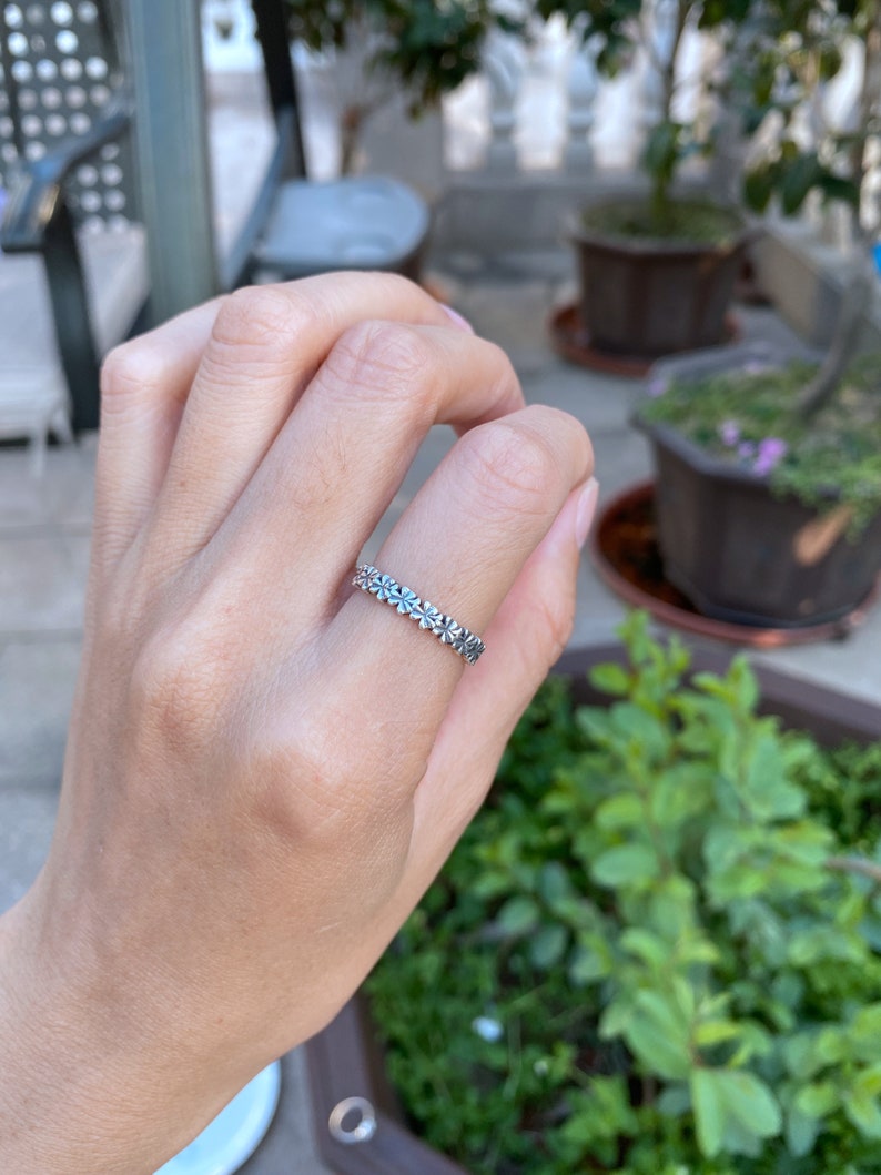 silver shamrock band ring,four leaf clover ring,silver leaves ring,unique band ring,custom leaf ring,personlized Clover Stacking jewelry image 3