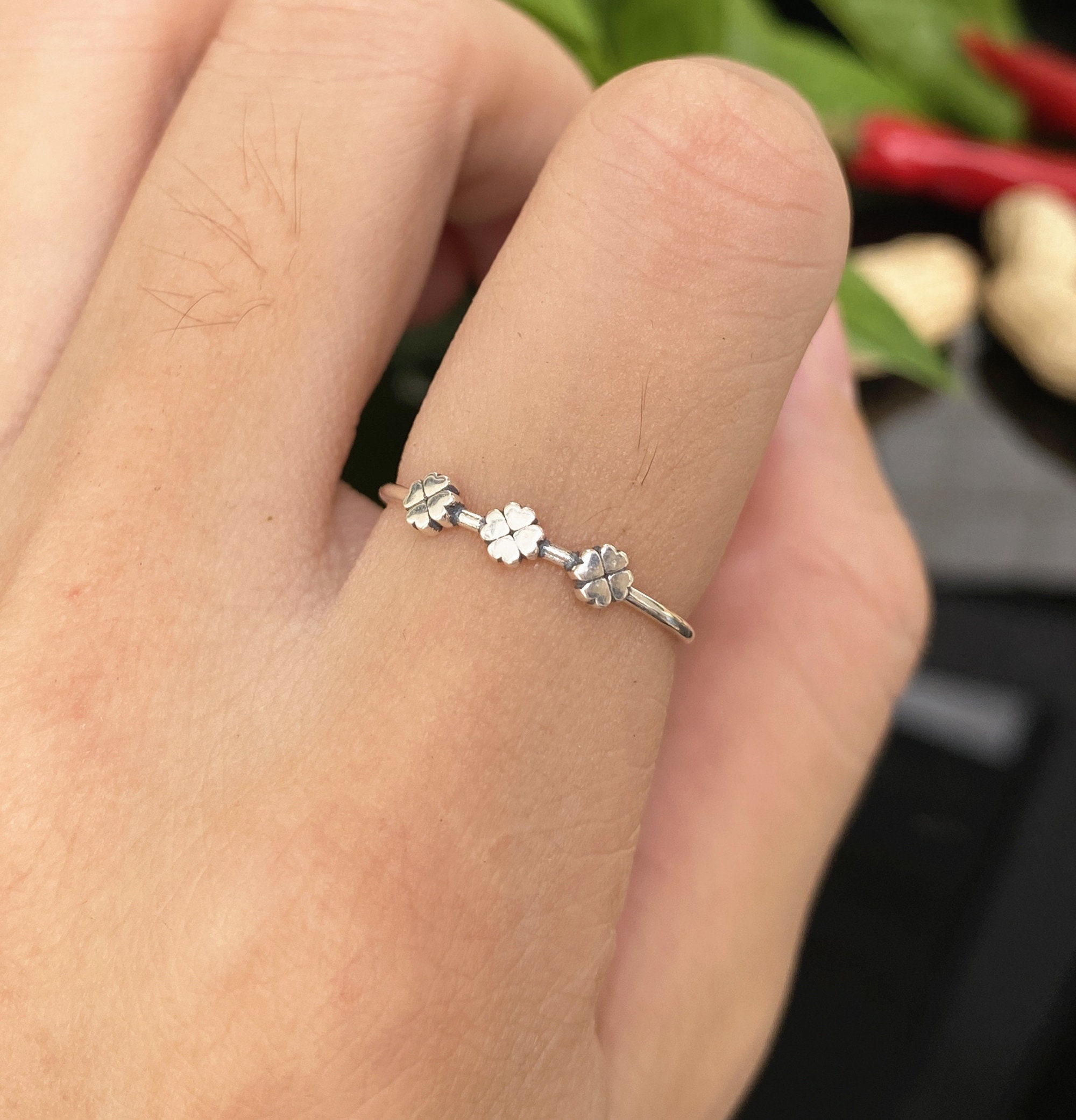 925シルバー四つ葉のクローバーリング、シルバークローバーフラワー