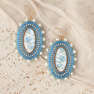 Satin Blue Floral Earrings
