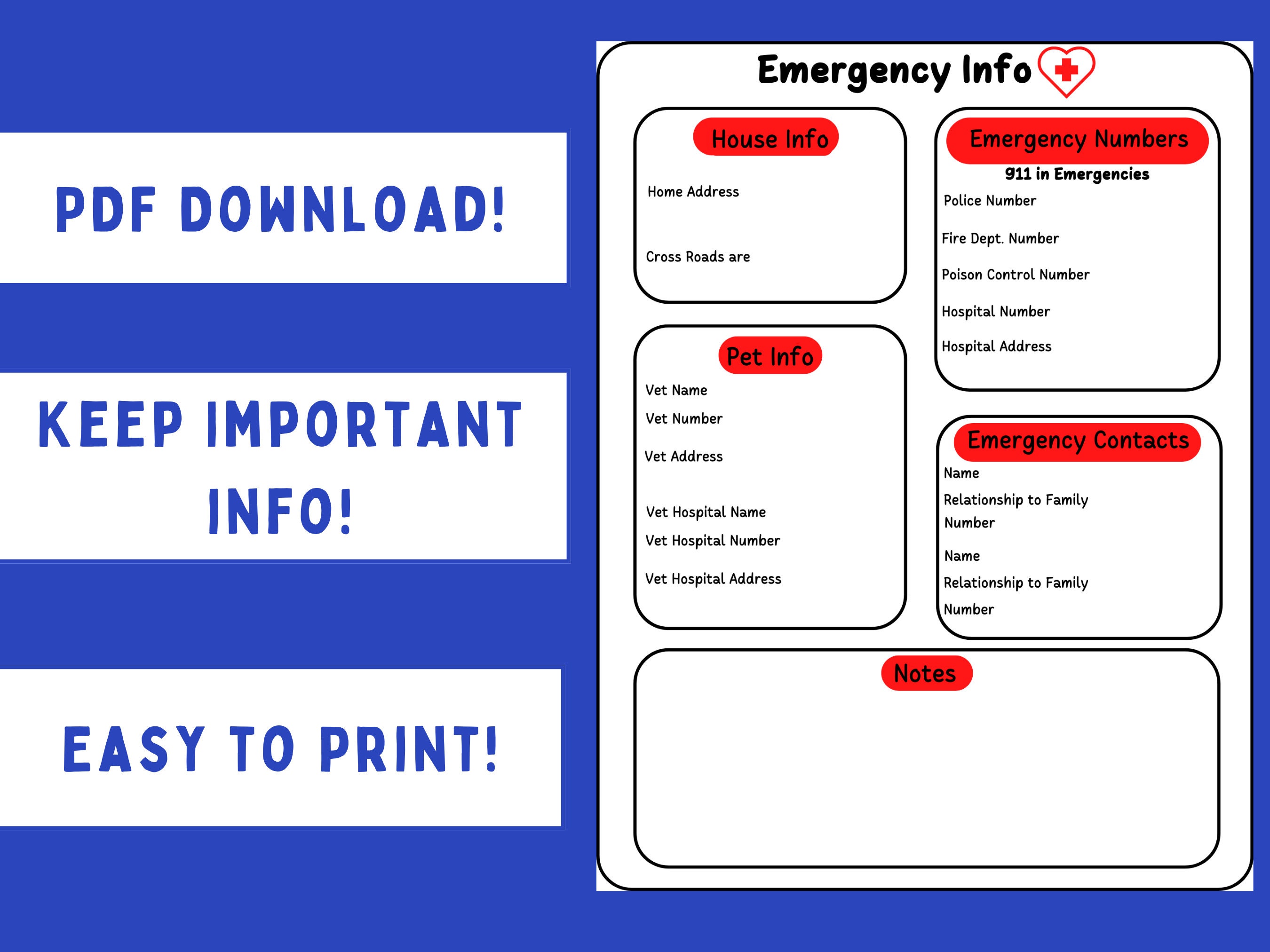 Emergency Information Printable Sheet Digital Download - Etsy