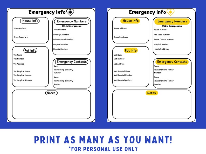 Emergency Information Printable Sheet Digital Download - Etsy