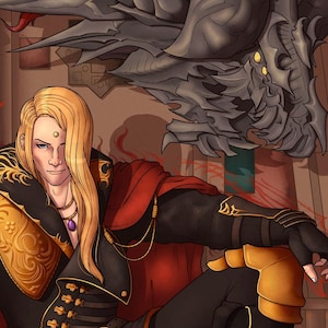 Op de afbeelding: Een fantasievolle illustratie van een man met lang blond haar, gekleed in een zwart en gouden outfit, zittend op een troon met een groot, donker, gevleugeld wezen achter hem. De man houdt een groot, versierd wapen vast.