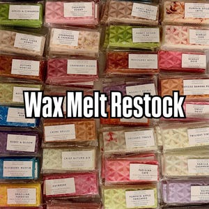 May include: A collection of rectangular wax melts in various colors and scents, each individually wrapped in clear plastic with a white label. The labels feature the brand name Joy in Love and specific scent names like Pumpkin Pecan Pancakes.