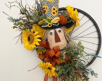 Scarecrow Wreath for Front Door, Scarecrow Wall Hanger Wreath. Bicycle Wheel Scarecrow Wreath