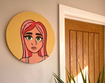 Kreisförmiges Leinwandgemälde einer Cartoon-Dame, hergestellt aus Acrylfarbe