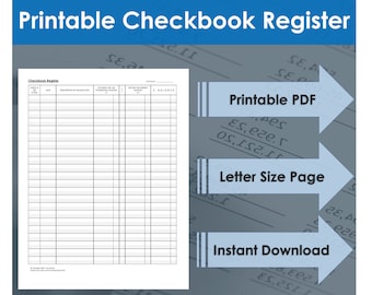 Printable Checkbook Register - Transaction Register PDF, Bank Account Bookkeeping, Spending Tracker, Budgeting Tool, Letter Size 8.5" x 11"