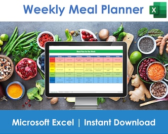 Weekly Meal Planner - Excel Spreadsheet, Meal Ideas, Food Schedule, Grocery Tracking, Household Template