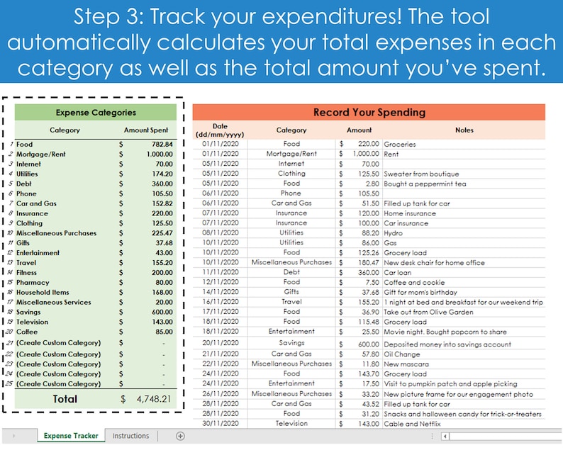Expense Tracker - Excel Spreadsheet Template, Monthly Expenditure ...