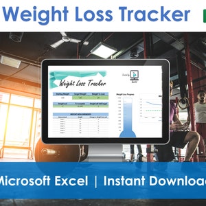 May include: A digital weight loss tracker spreadsheet template displayed on a laptop computer screen. The spreadsheet includes sections for starting weight, target weight, weight lost, weight measurements, and weight loss progress. The image is set in a gym with a person in the background.