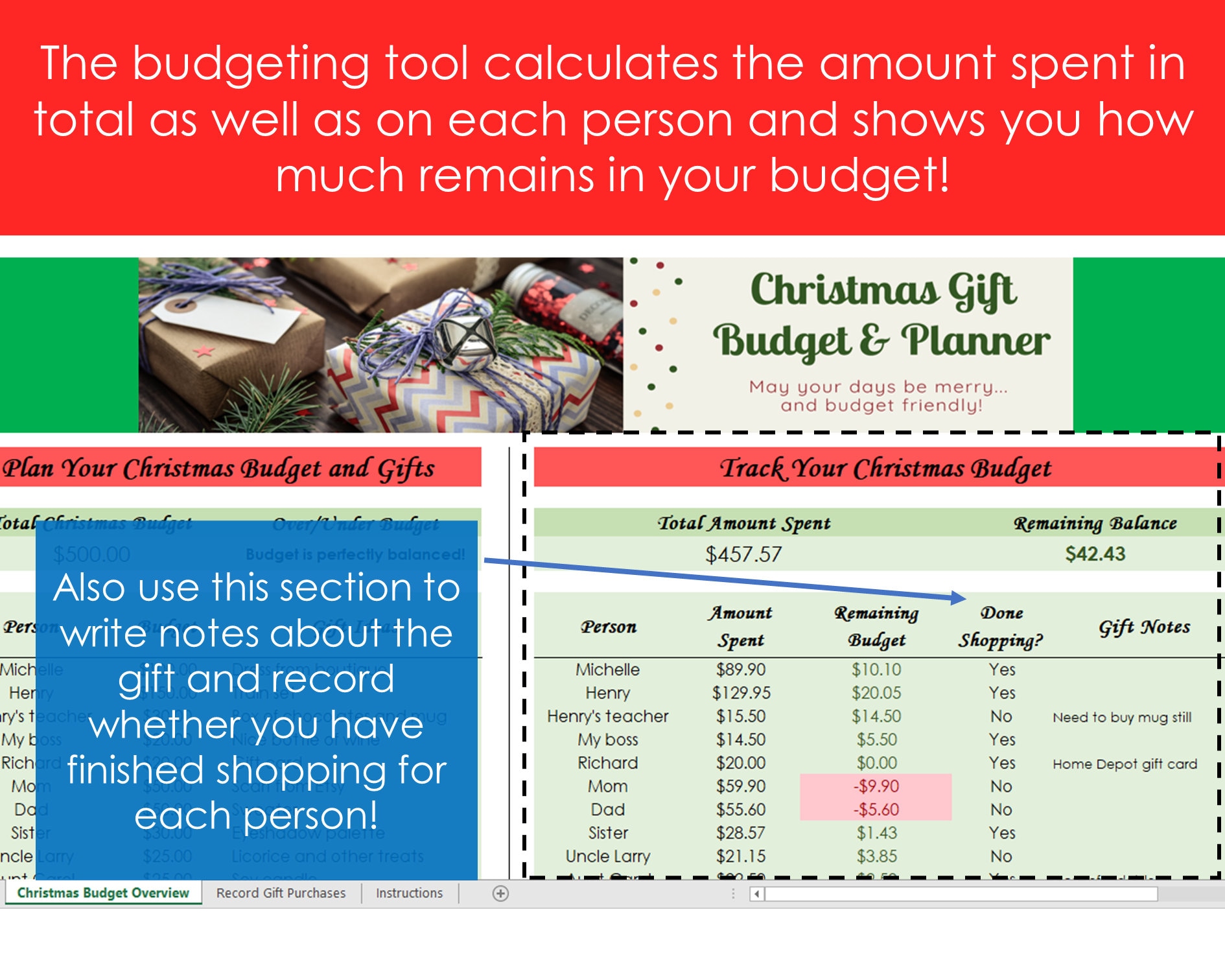Christmas Gift Budget Planner - Excel Spreadsheet Template, Holiday ...