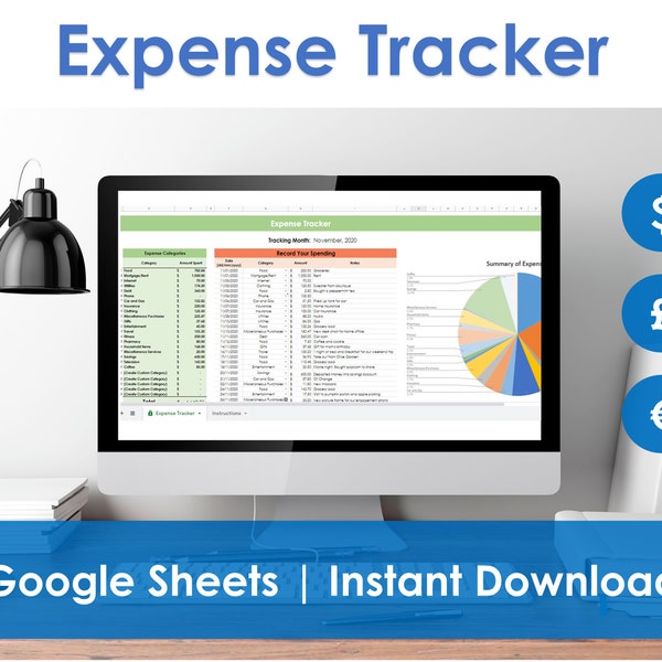 Expense Tracker - Google Sheets Template, Monthly Expenditure, Household Finances & Spending, College Budget, Personal Organizer