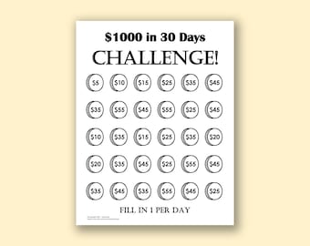 Money Saving Challenge - Printable PDF Page, 1000 dollars in 30 days, Motivational Saving Tool, Savings Planner, Savings Tracker