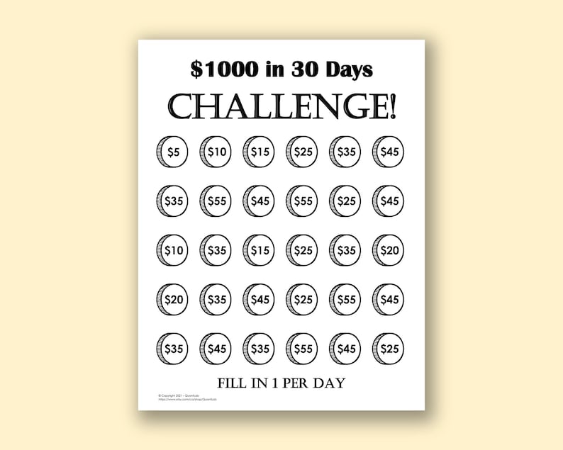 Money Saving Challenge - Printable PDF Page, 1000 Dollars in 30 Days ...