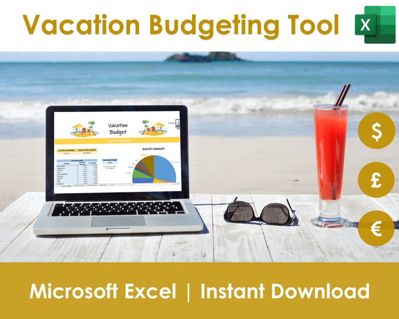 Op de afbeelding: Een laptop met een vakantiebudgetspreadsheet staat op een witte houten tafel met een strandachtergrond. Een rood drankje met een rietje, zonnebril en valutasymbolen zijn ook aanwezig. De tekst luidt "Vacation Budgeting Tool" en "Microsoft Excel | Instant Download."