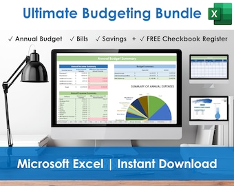 Ultimate Budgeting Bundle - Excel Spreadsheets, Annual Budget Template, Bill Organizer & Tracker, Emergency Savings, Free Checkbook Register