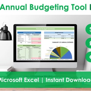 Jaarlijkse budgetplanner - Excel-spreadsheetsjabloon, jaarlijkse financiën, huishoudbudget, kosten- en inkomstenregistratie, salarisorganisator