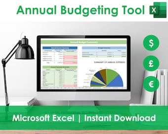 Annual Budgeting Planner - Excel Spreadsheet Template, Yearly Finance, Household Budget, Expense & Income Tracker, Paycheck Organizer