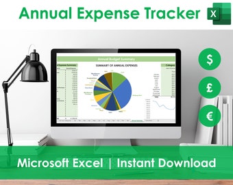 Annual Expense Tracker - Excel Spreadsheet Template, Yearly Household Finances & Spending, College Budget, Google Sheets Compatible