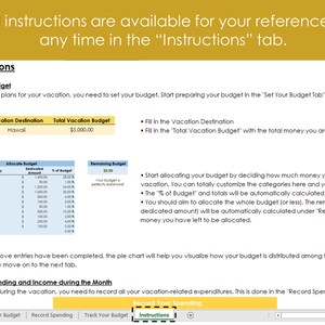 Op de afbeelding: Schermafbeelding van een vakantiebudgetplanningsgids. De gids bevat secties voor het opstellen van een budget, het toewijzen van fondsen en het registreren van uitgaven. Tekst bevat "Instructies", "Stel uw budget in" en "Uitgaven registreren".