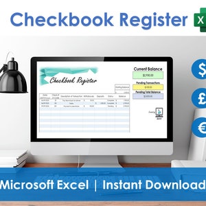 Checkbook Register - Excel Spreadsheet, Account tracker, log, and planner. Organize spending, deposits, expenses. Monthly budget.