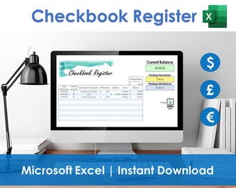 Checkbook Register - Excel Spreadsheet, Account tracker, log, and planner. Organize spending, deposits, expenses. Monthly budget.