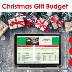 May include: A laptop computer screen displaying a Christmas gift budget spreadsheet with a green and red color scheme. The spreadsheet includes columns for person, amount spent, remaining budget, and done shopping. The spreadsheet is titled "Christmas Gift Budget & Planner". The laptop is on a wooden table with wrapped gifts and Christmas decorations.
