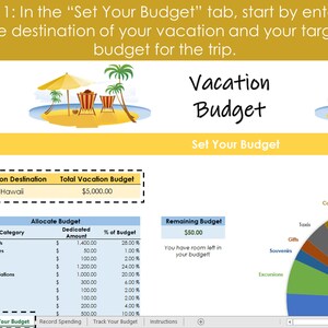 Op de afbeelding: Een digitale vakantiebudgetplanner met een tropisch thema. De afbeelding toont een spreadsheet met budgetcategorie&euml;n, een cirkeldiagram en de tekst "Vakantiebudget". De bestemming is Hawa&iuml;, met een totaalbudget van &euro;4.600.