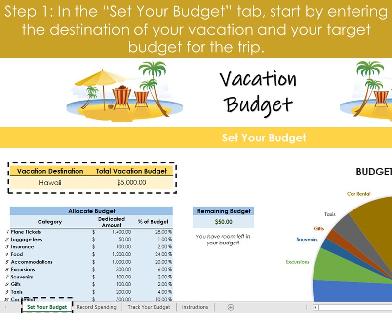 Op de afbeelding: Een digitale vakantiebudgetplanner met een tropisch thema. De afbeelding toont een spreadsheet met budgetcategorie&euml;n, een cirkeldiagram en de tekst "Vakantiebudget". De bestemming is Hawa&iuml;, met een totaalbudget van &euro;4.600.