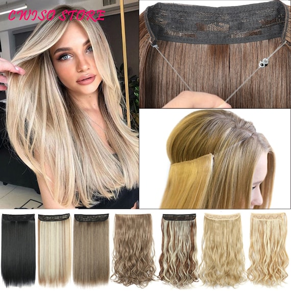Wavy Halo Hair Extensions No Clip Ombre Synthetic Natural Etsy