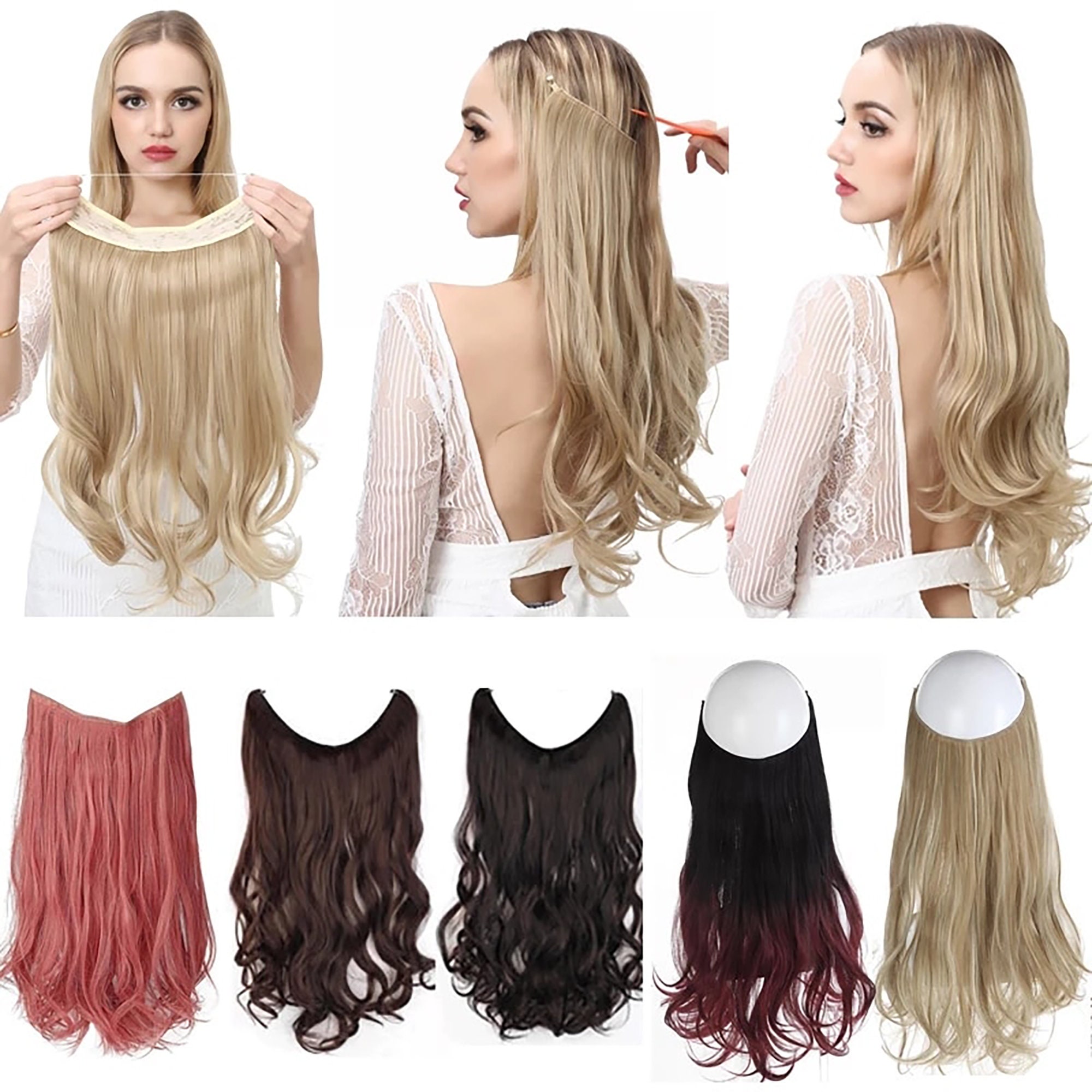 No Clip Wave Halo Hair Extensions Ombre Synthetic Natural Etsy