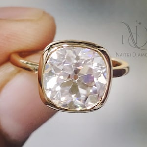 Old European Cut Moissanite Engagement Ring, 14K Gold Cushion Old Mine Bezel Set Wedding Ring, Vintage Handmade Ring for her