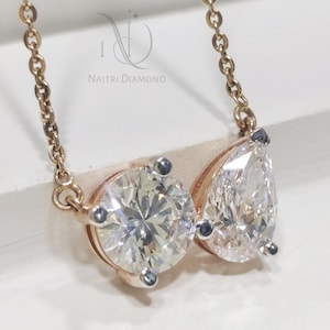 Toi et Moi Necklace, 14K Rose Gold Round & Pear Moissanite Necklace For Women, Birthday gifts, Personalized Gifts, Handmade Necklace