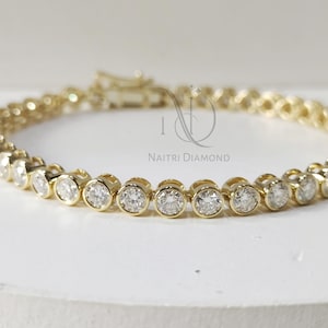Bezel Set Tennis Bracelet, 14K Gold 3.00 MM Round Moissanite Bracelet for Her, Handmade Wedding Gift, Diamond bracelet for women, Gifts