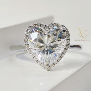 Heart Shape Moissanite Engagement Ring, 14K White Gold Halo Wedding Ring, Art deco Ring, Gifts for women, Handmade jewelry