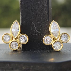 Bezel Set  Dainty Diamonds 14K Gold Round & Marquise Moissanite Stud Earrings, Gift Minimalist Jewelry, Modern Earrings For Every day Wear