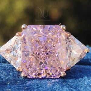 Pink Radiant Cut Engagement Ring, 14K Rose Gold Three Stone Wedding Ring Side Trillion Diamond, Handmade Diamond Ring For Women Gift For Her