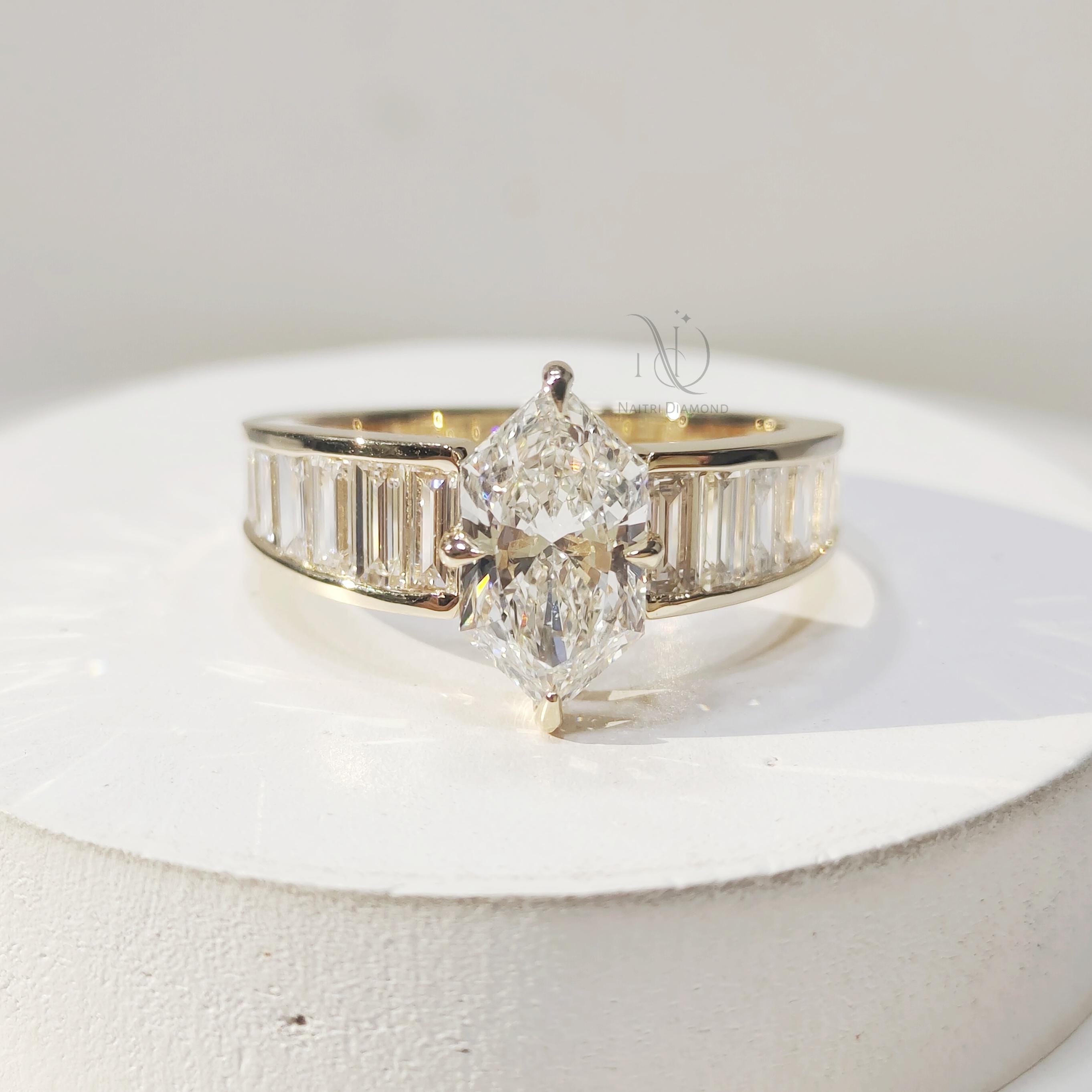 Dutch Marquise Lab Grown Diamond Engagement Ring 14K Gold | Baguette Channel Set Halo Ring | Unique Wedding Ring Anniversary Gift for her
