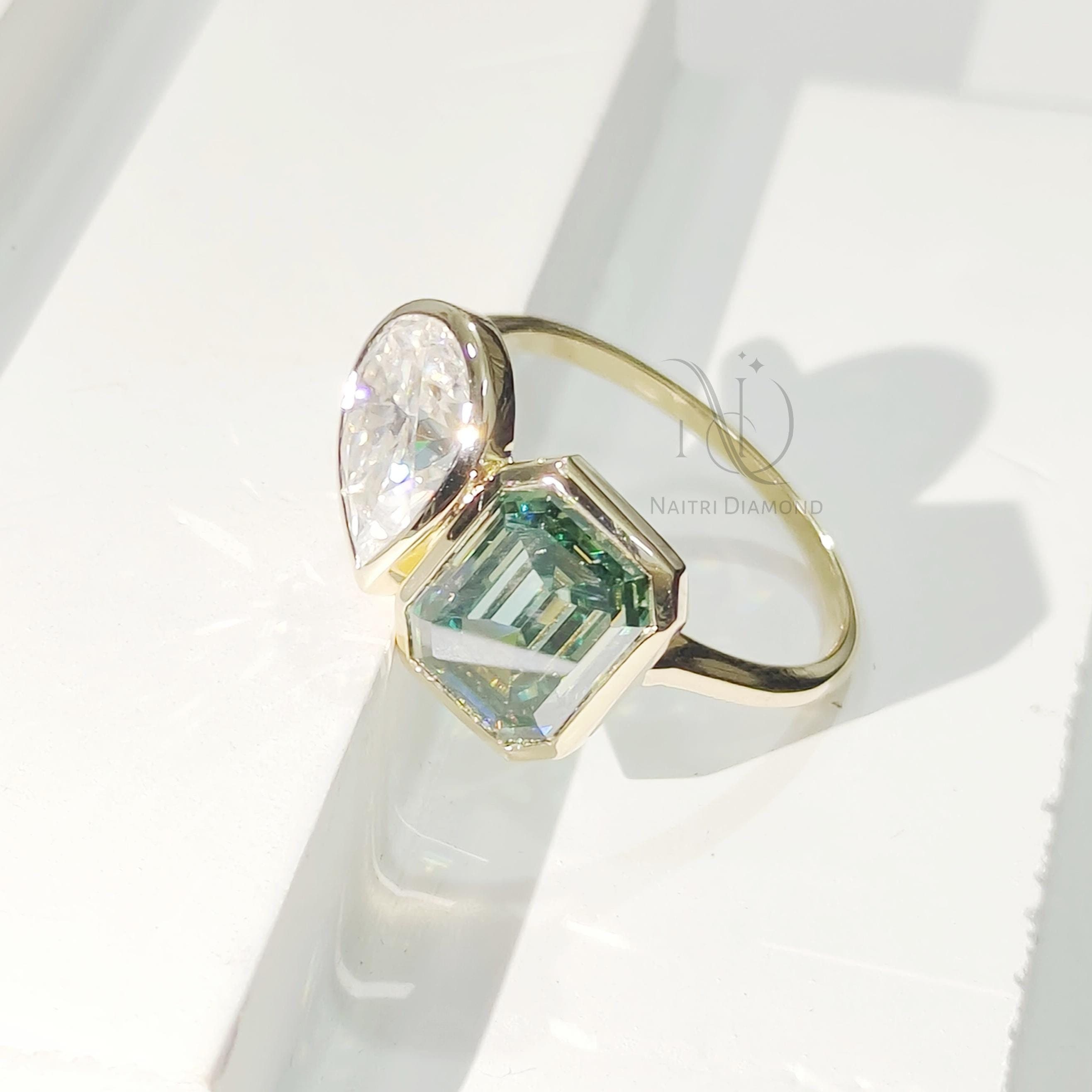 Bezel Set Toi et Moi Engagement Ring, 14K Gold Pear Emerald Moissanite Ring, Low Profile, Handmade Jewelry, Unique Gifts for Women