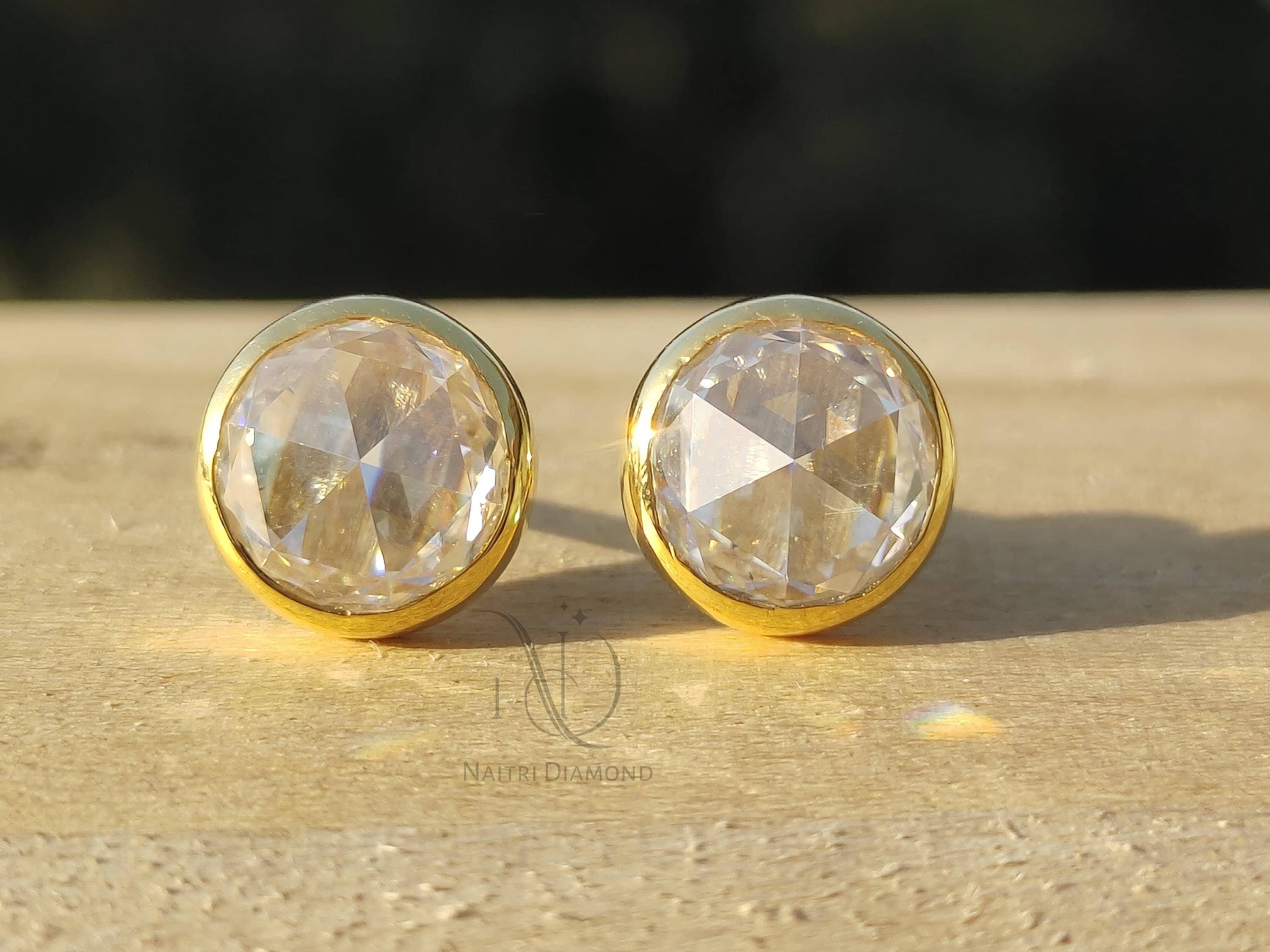 Round  Rose Cut Moissanite Stud Earrings, 14K Gold Bezel Set Earrings, Wedding Earrings, Bride maid Gift Birthday gifts, Personalized Gifts