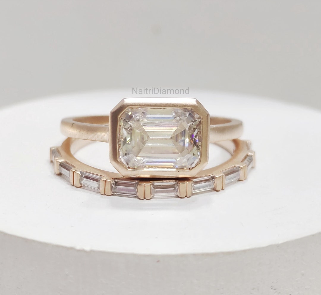 East West Emerald Cut Bridal Sets 14K Gold Bezel Set Moissanite Ring ...