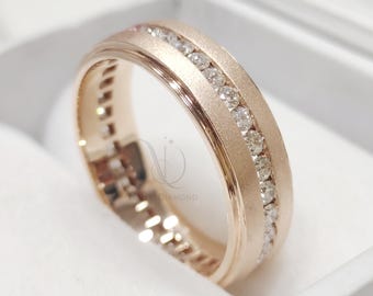 Men&#39;s Wedding Band, 14K Rose Gold  Channel Set Matte Finished Round Moissanite Comfort fit Band 7.00 MM Bandwidth Gold Band Gift For Him