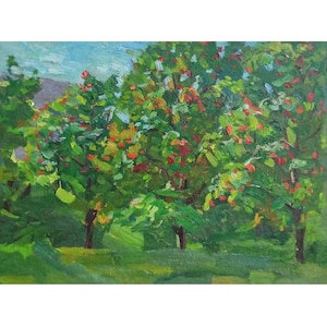 May include: An oil painting of a verdant orchard, showcasing trees abundant with red and yellow fruit. The artwork uses a vibrant colour palette, with a blue sky visible through the leaves. The brushstrokes are evident, adding texture to the landscape.
