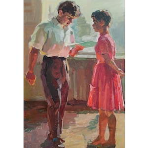 PINTURA AL ÓLEO VINTAGE, Pintura original del artista ucraniano soviético O. Solodovnykov, Hombre joven y niña, década de 1970, Estilo clásico