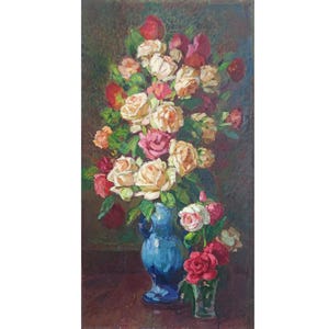 BODEGÓN VINTAGE Pintura al óleo original del artista ucraniano O.Solodovnikov Rosas en un jarrón azul Obra de arte impresionista de los años 70, Escena de mesa