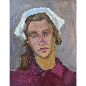PINTURA AL ÓLEO VINTAGE, Pintura original del artista ucraniano soviético T.Krasnaya, Retrato femenino, Arte mural retro de los años 70, Pintura realista